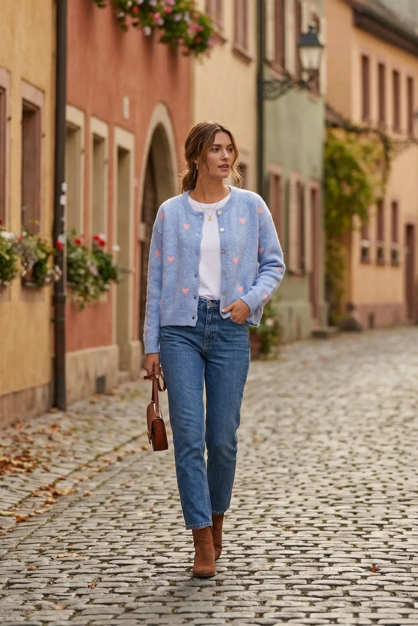 Mujer con chaqueta azul celeste de punto con corazones, jeans y botines en calle adoquinada, moda femenina CHICA del Sur.