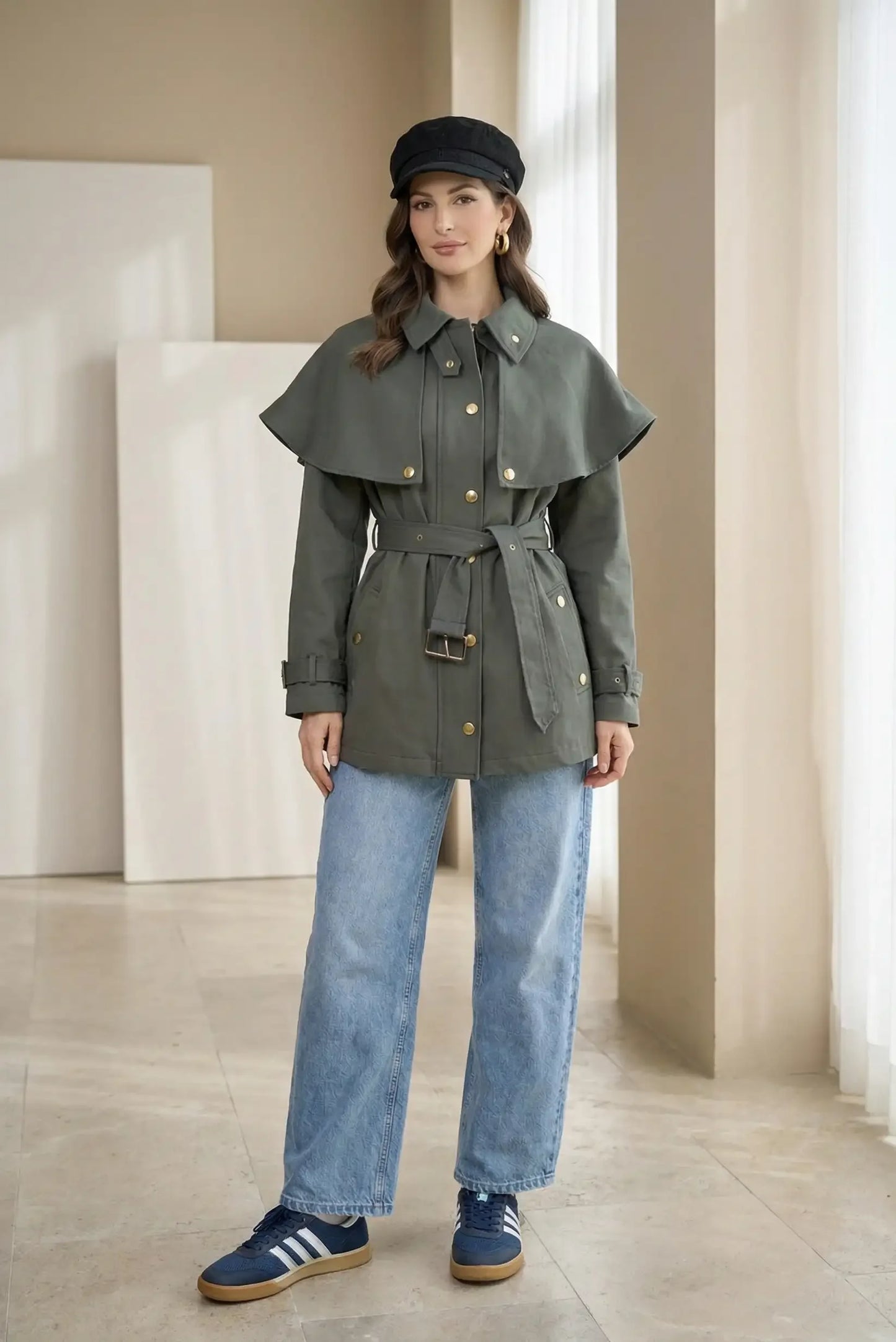 Mujer con chaqueta trench verde militar, jeans rectos y gorra negra, estilo casual moderno