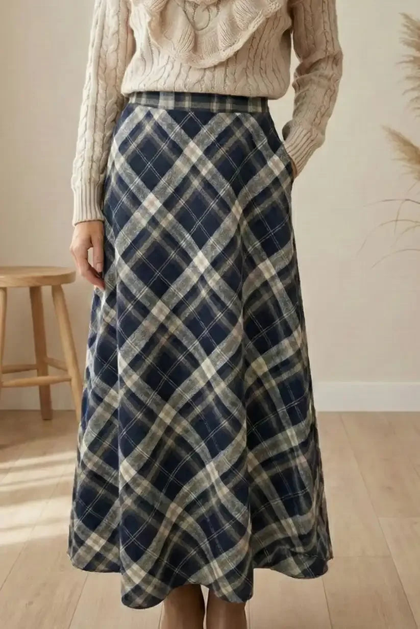 Jupe Céline En Laine à Carreaux Bleu Foncé - Taille 36, Occasion Très Bon état