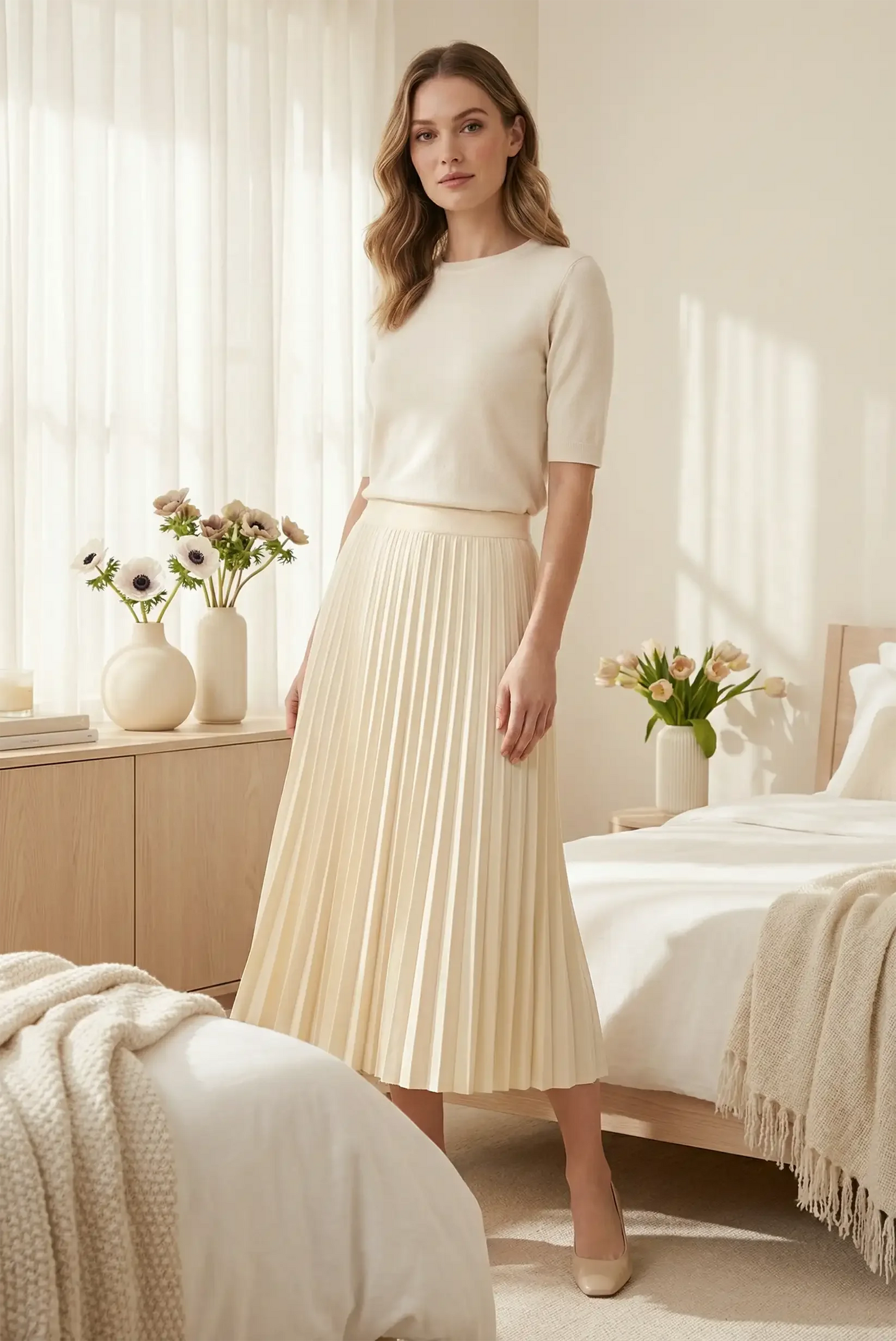 Mujer con falda larga beige plisada y blusa crema, moda femenina casual CHICA del Sur