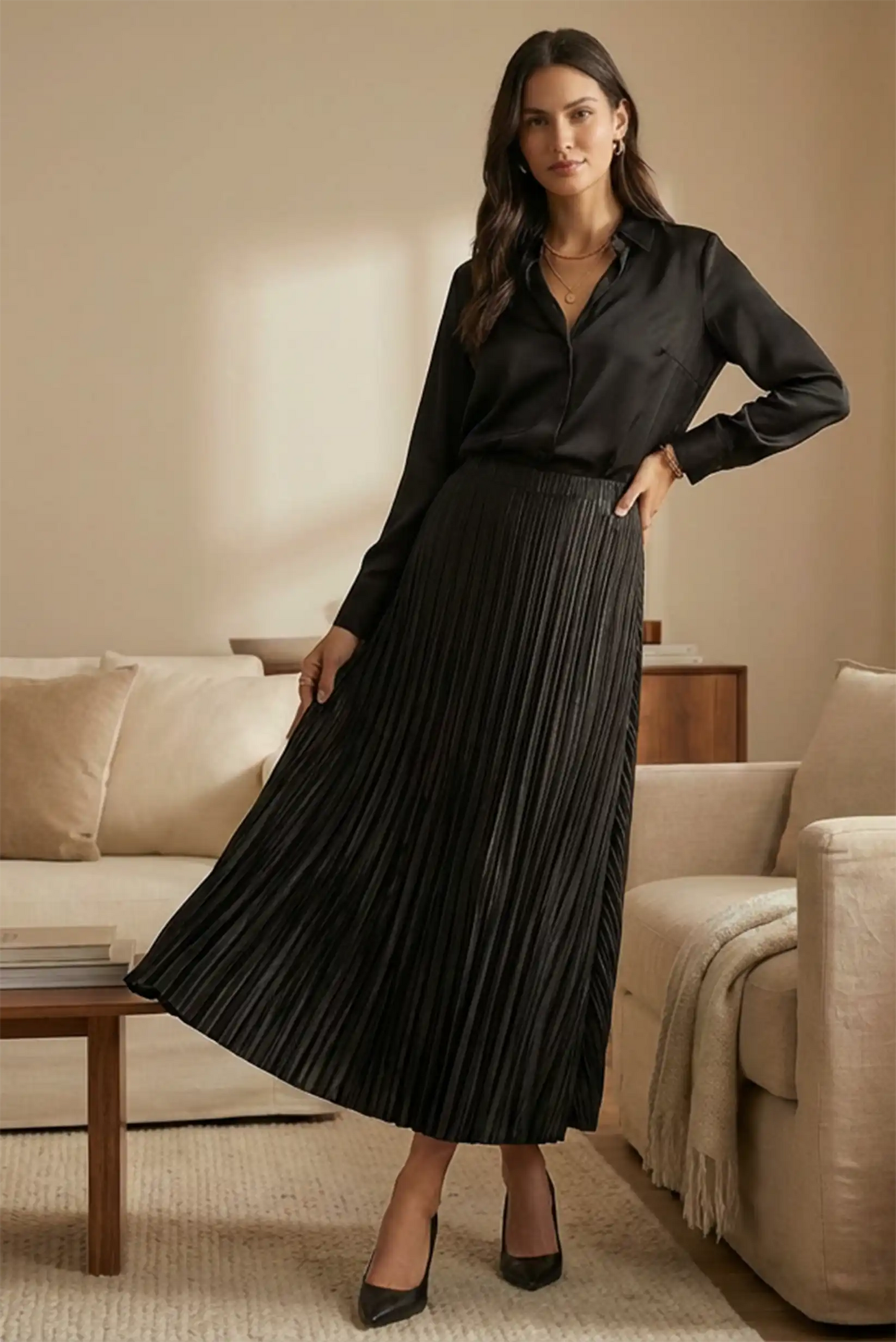 Falda negra brillante plisada fiesta