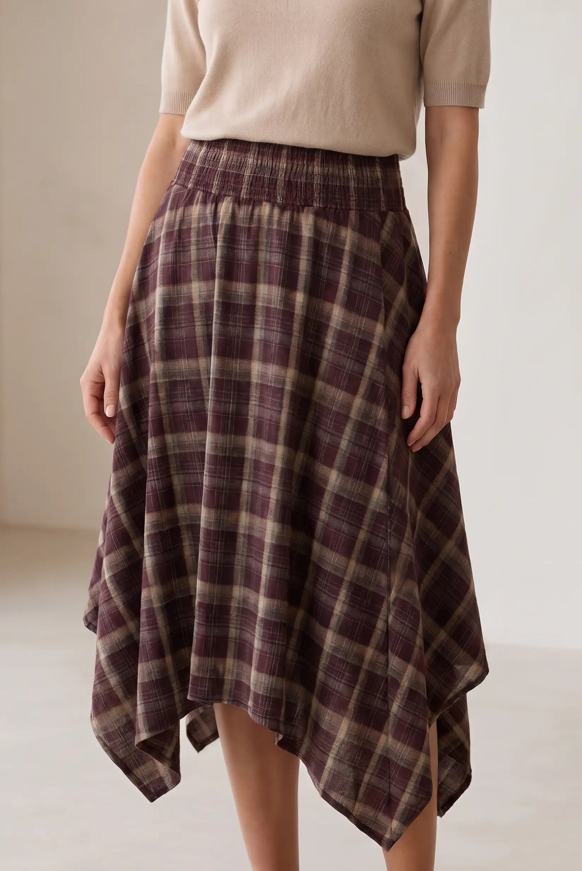 Asymmetrical Plaid Skirt in Burgundy Tones