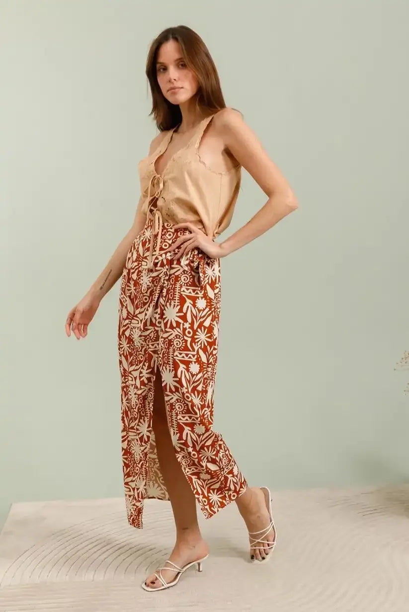 Falda Pareo Verano Mujer Estampada Beige Teja Cierre Ajustable - CHICA del Sur