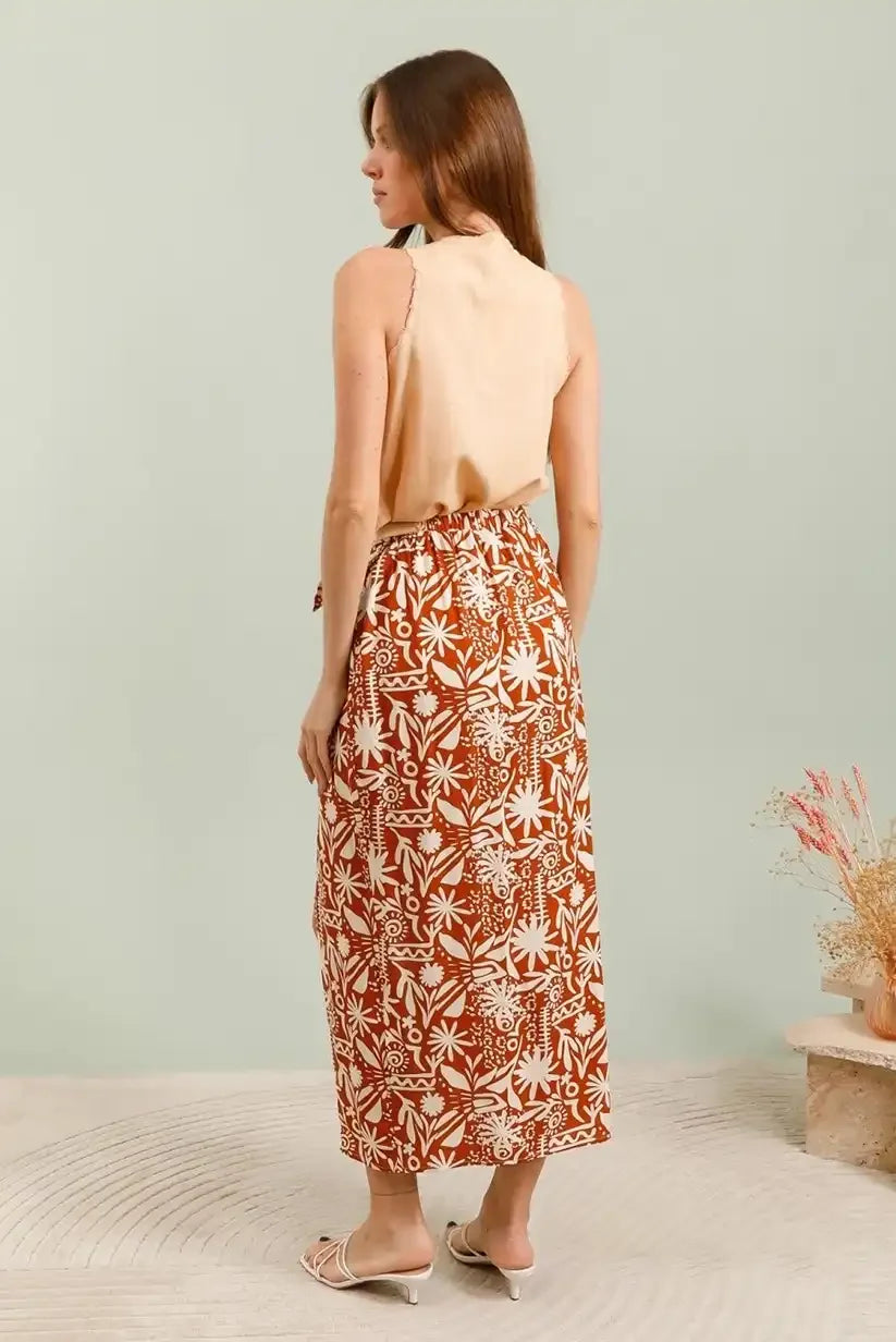Falda Pareo Verano Mujer Estampada Beige Teja Cierre Ajustable - CHICA del Sur