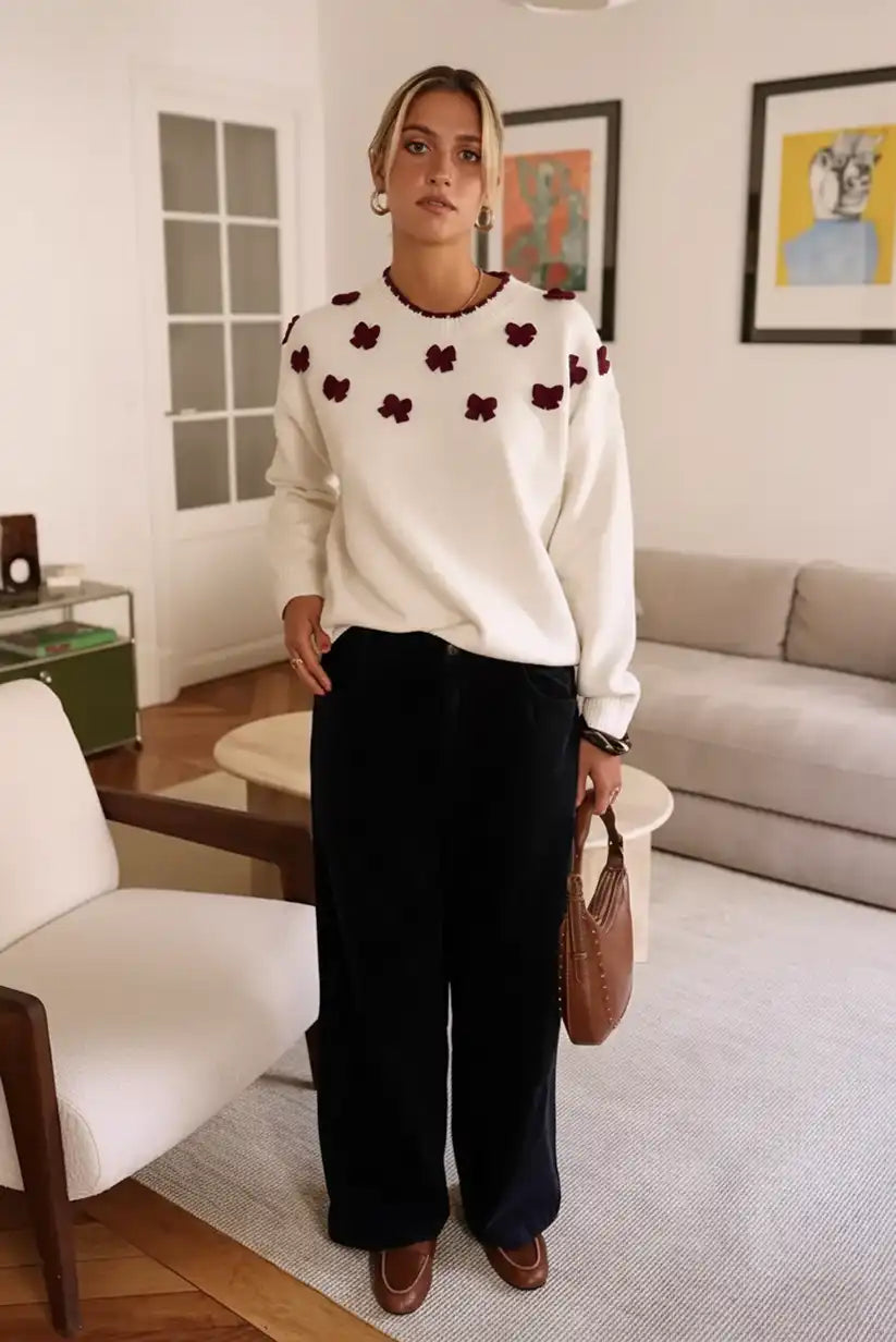 Jersey blanco mujer con lazos en relieve estilo romántico elegante - CHICA del Sur