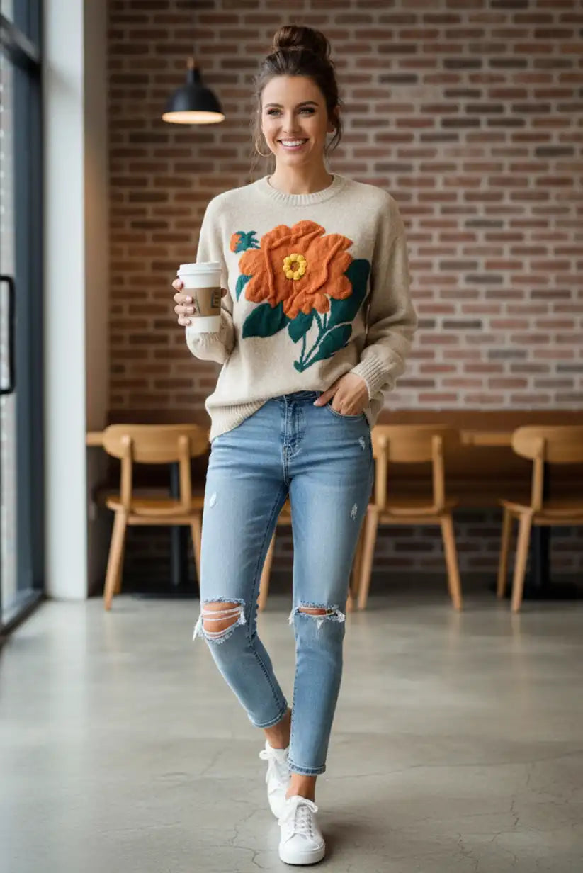 Jersey beige con flor en relieve - CHICA del Sur