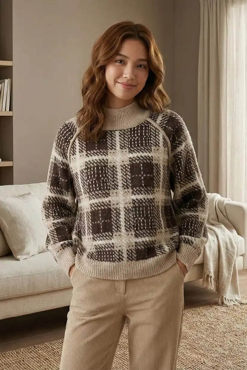 Jersey de cuadros en tonos beige y marrón - CHICA del Sur