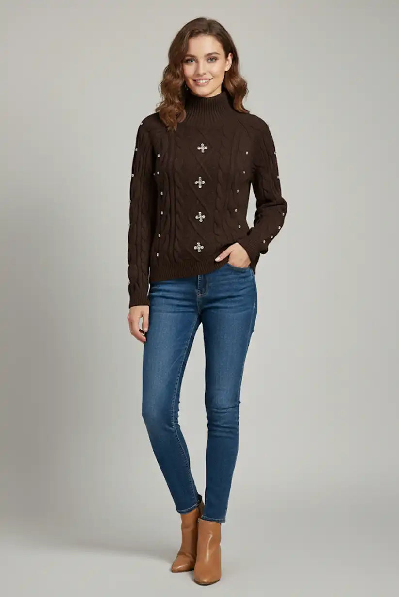 Jersey Mujer Marrón Chocolate con Brillantes Bordados Elegante