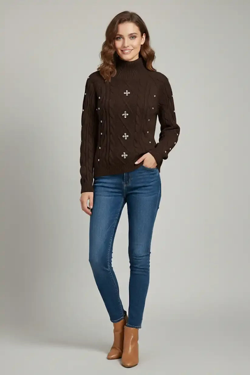 Jersey Mujer Marrón Chocolate con Brillantes Bordados Elegante - CHICA del Sur