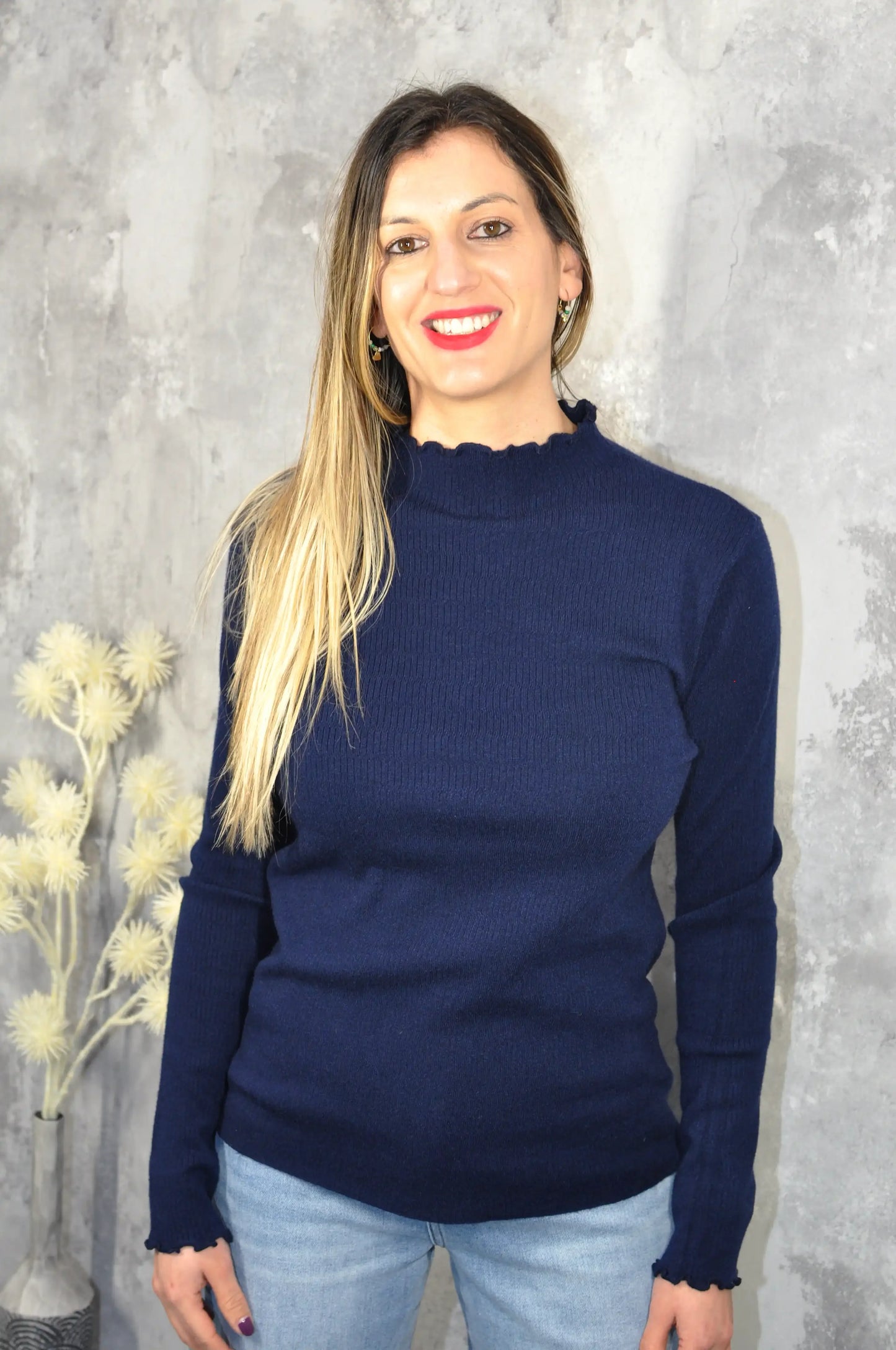 Jersey azul marino mujer cuello rizado elegante y cómodo invierno - CHICA del Sur
