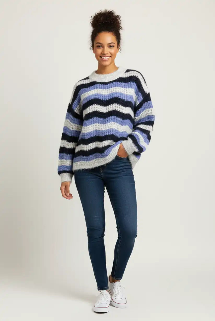 Jersey mujer invierno punto lana azul rayas