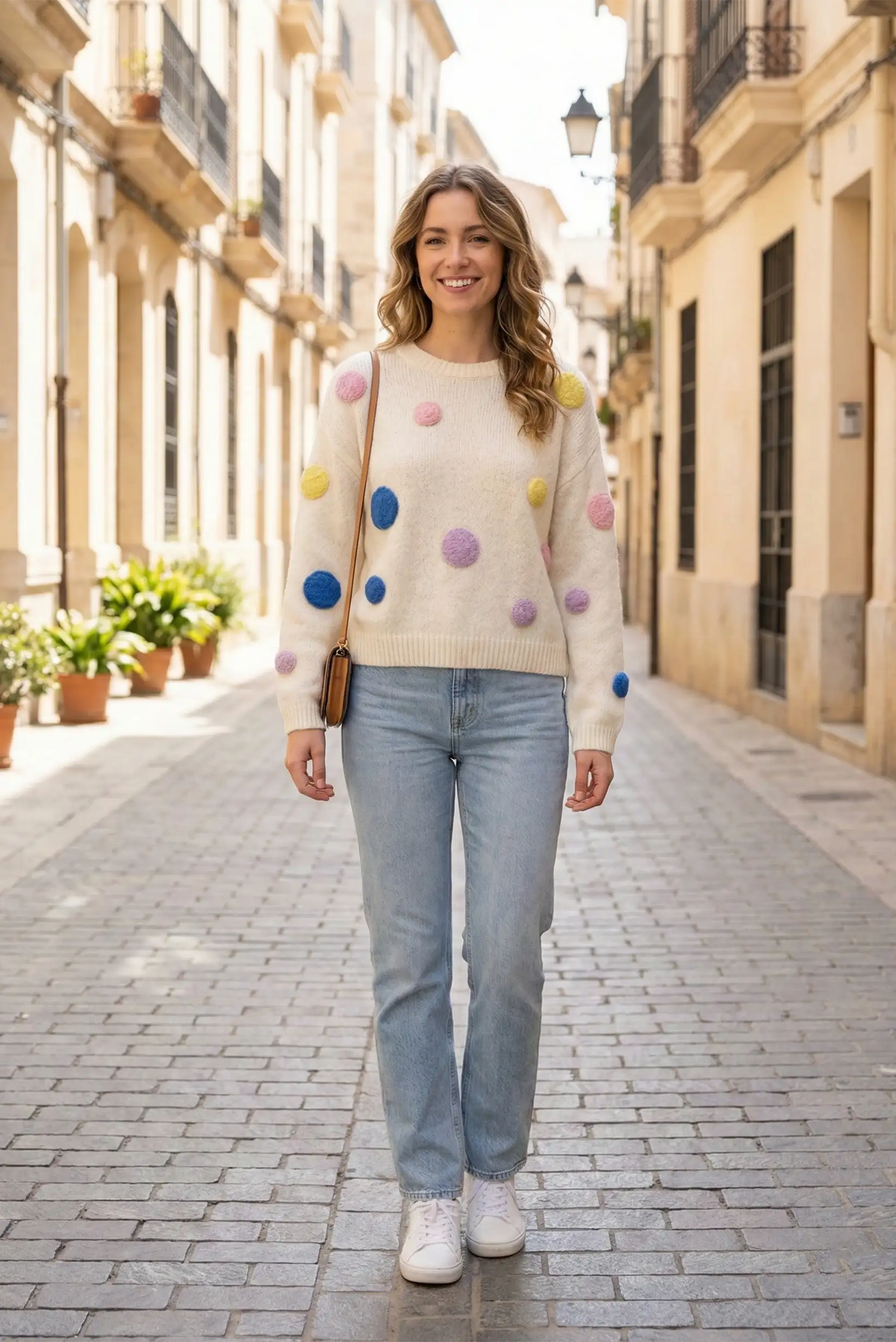 Chica con jersey beige de colores y jeans, moda casual primavera en calle urbana soleada