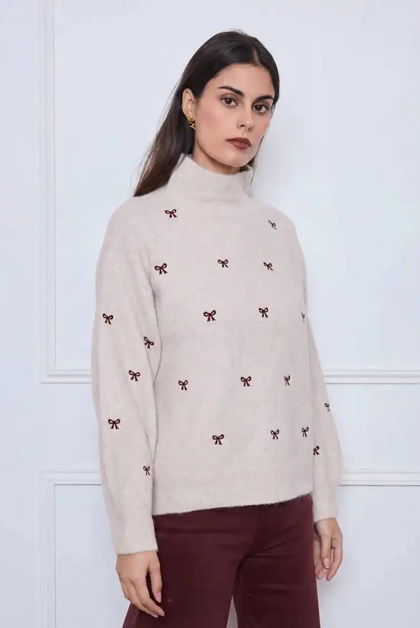 Jersey cuello alto mujer beige con lazos marrón chocolate - CHICA del Sur