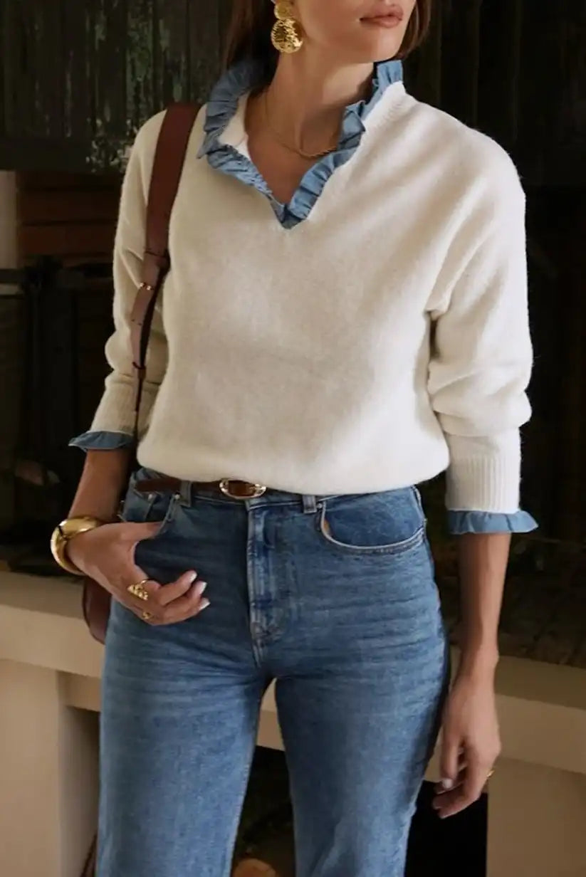 Jersey blanco mujer con volantes azul romántico cálido y elegante - CHICA del Sur