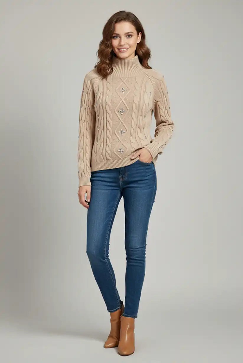 Jersey Mujer Beige con Brillantes Bordados Estilo Diamantes Única