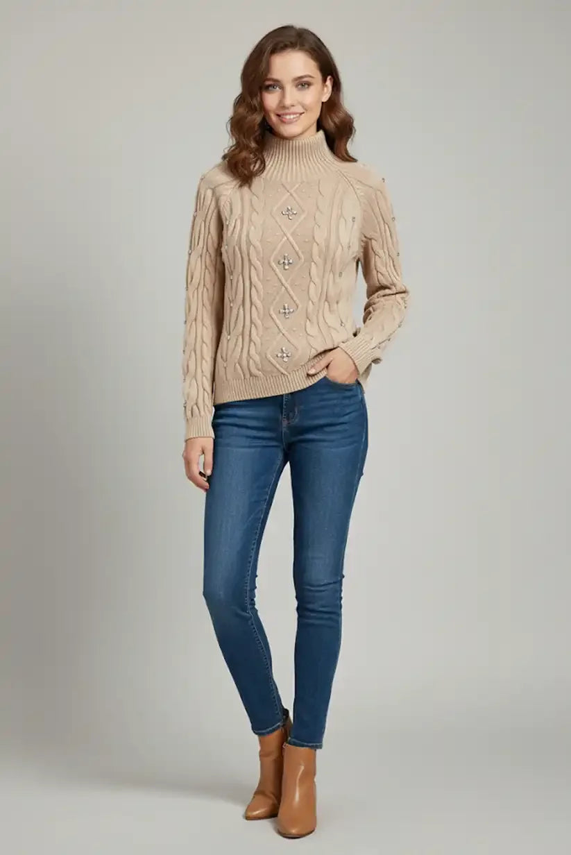 Jersey Mujer Beige con Brillantes Bordados Estilo Diamantes Única - CHICA del Sur