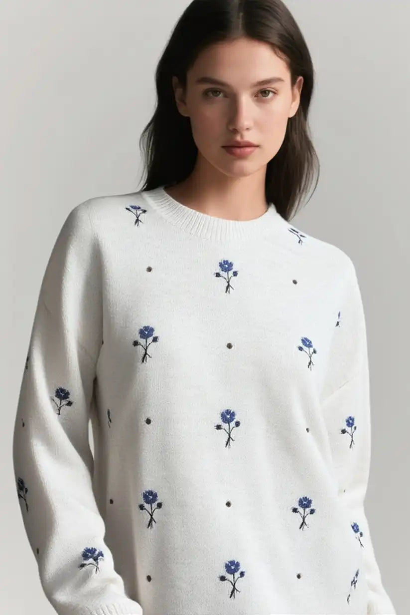 Jersey Mujer Beige Flores Azules Romántico Cálido Talla Única - CHICA del Sur