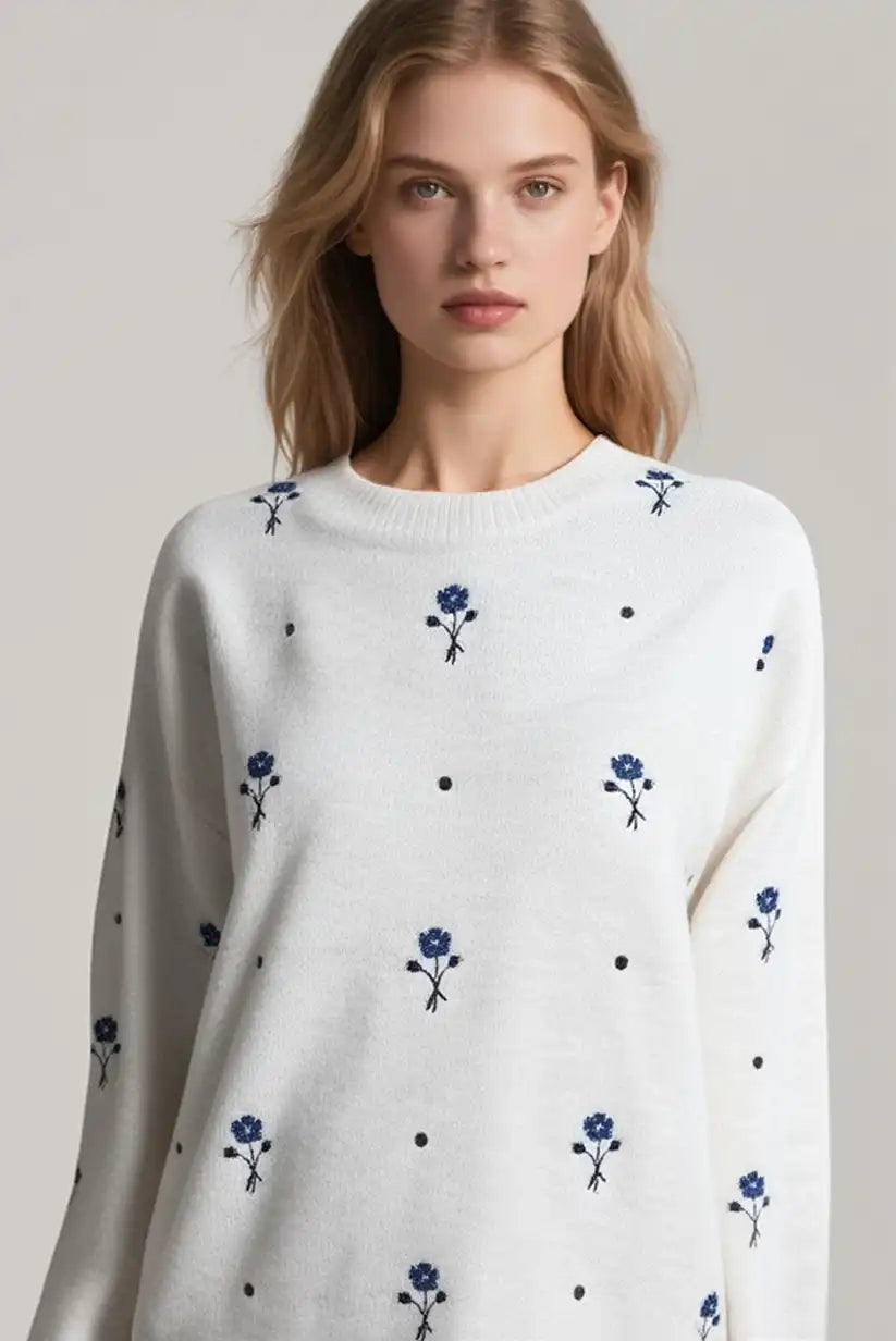 Jersey Mujer Beige Flores Azules Romántico Cálido Talla Única - CHICA del Sur