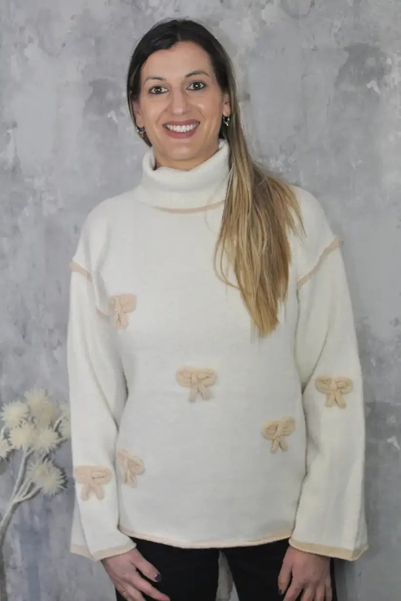 Jersey Beige Mujer Cuello Alto Elegante Invierno con Lazos Románticos - CHICA del Sur