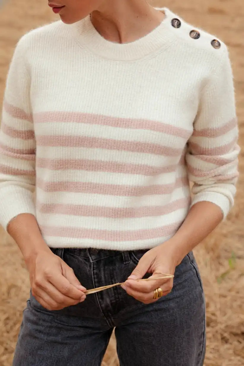 Jersey Mujer Beige Rayas Rosa Palo Talla S/M M/L Suave y Cálido