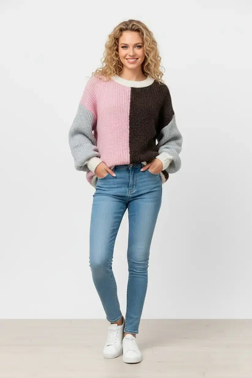 Jersey Mujer Bicolor Rosa y Marrón Chocolate con Mangas Grises - CHICA del Sur
