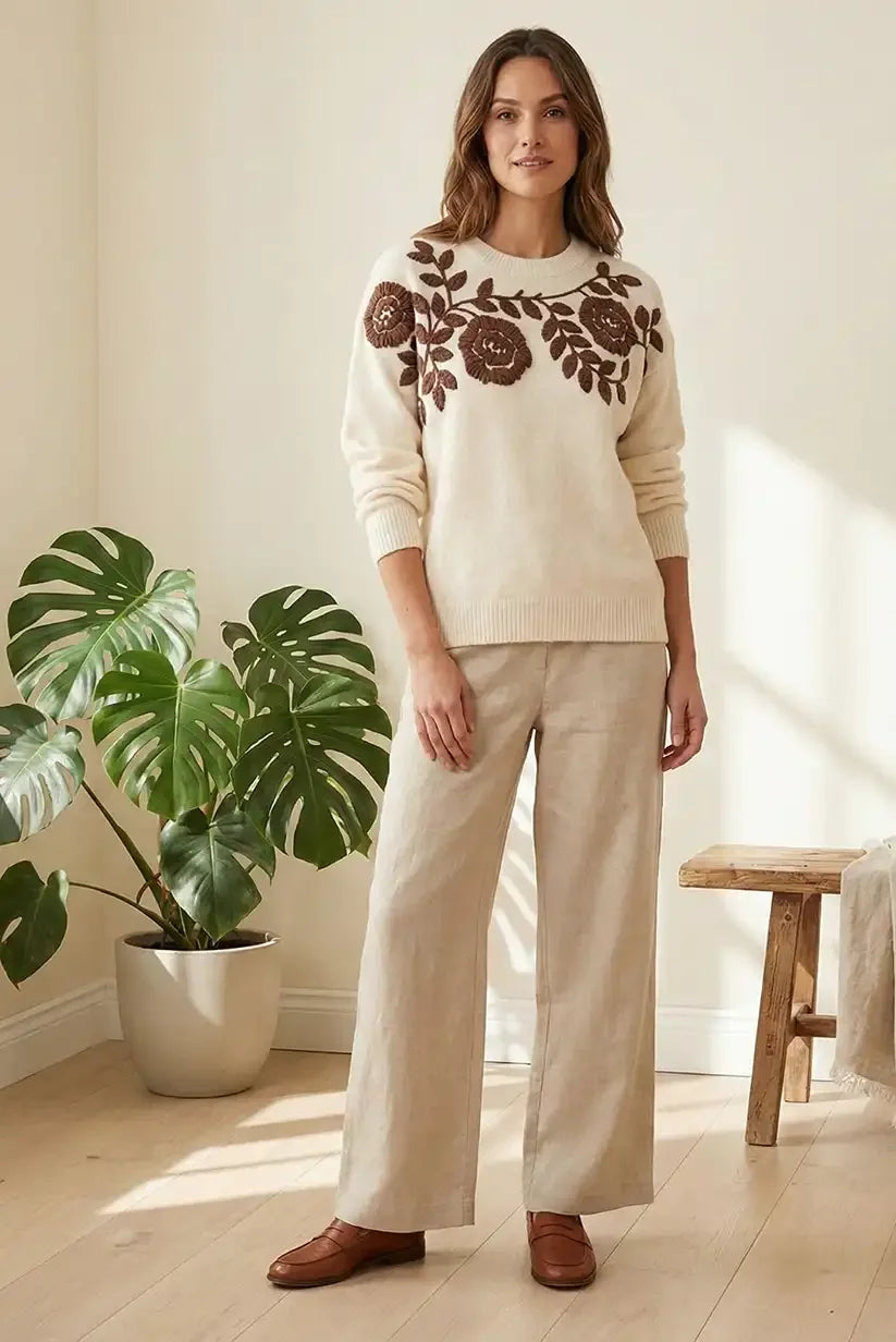 Jersey mujer beige flores bordadas marrón chocolate - CHICA del Sur