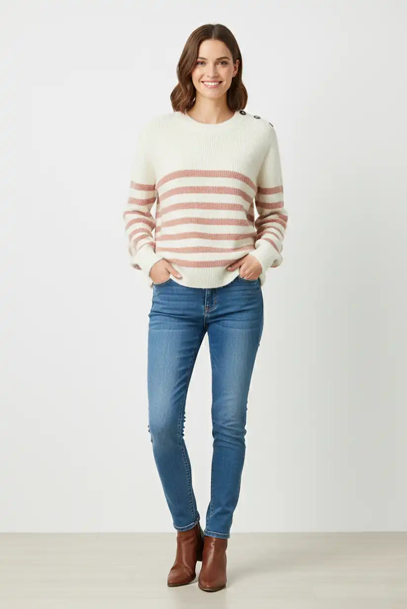 Jersey Mujer Beige Rayas Rosa Palo Talla S/M M/L Suave y Cálido