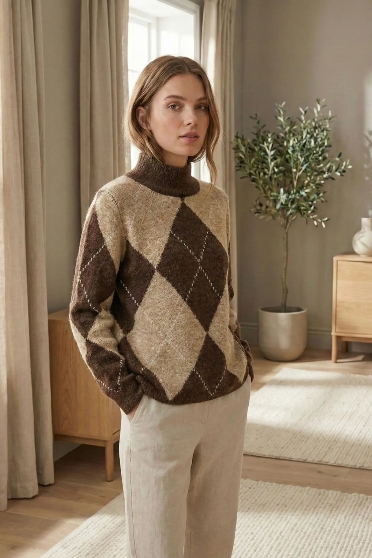 Mujer con jersey de rombos marrón y beige, pantalón claro, en interior con planta y luz natural