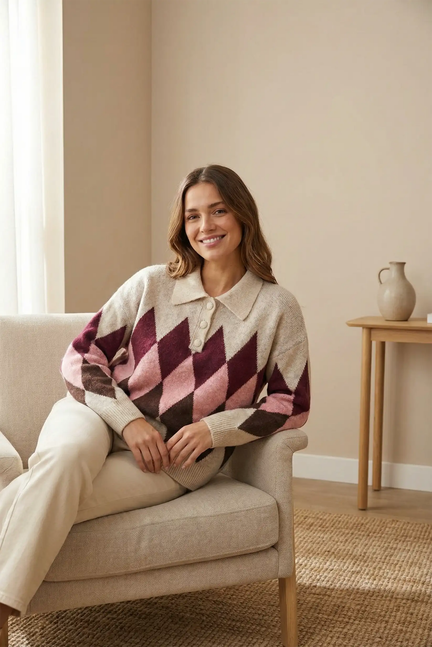 Mujer sonriente con jersey beige de rombos rosa y marrón sentada en sofá en sala minimalista