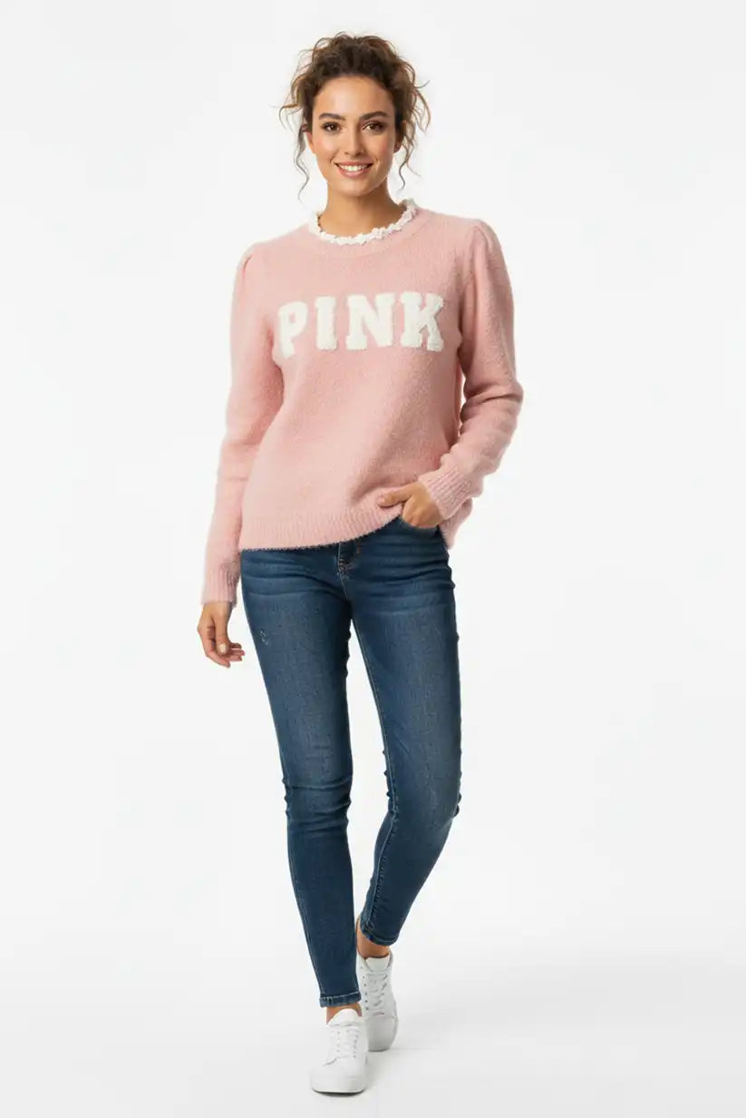 Jersey Rosa Mujer Letras Relieve Pink Mood Suave Cálido Talla Única