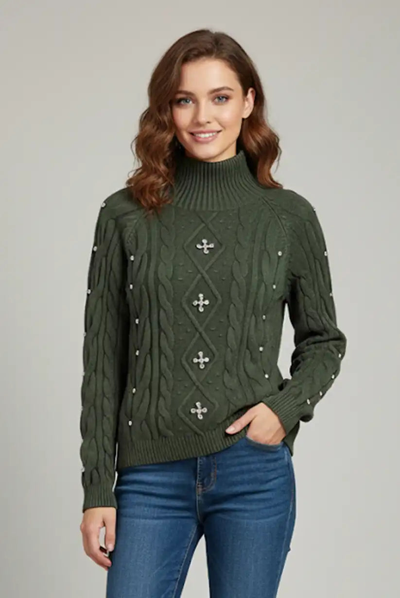 Jersey Mujer Verde Oliva Bordado Brillante Estilo Diamantes Elegante