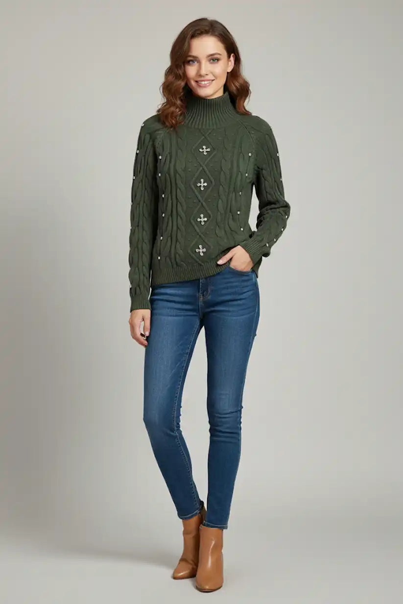 Jersey Mujer Verde Oliva Bordado Brillante Estilo Diamantes Elegante
