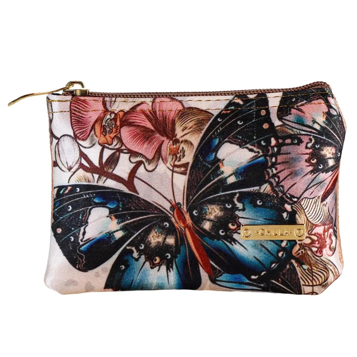 Monedero tarjetero pequeño azul con diseño de mariposa y flores, cierre dorado.