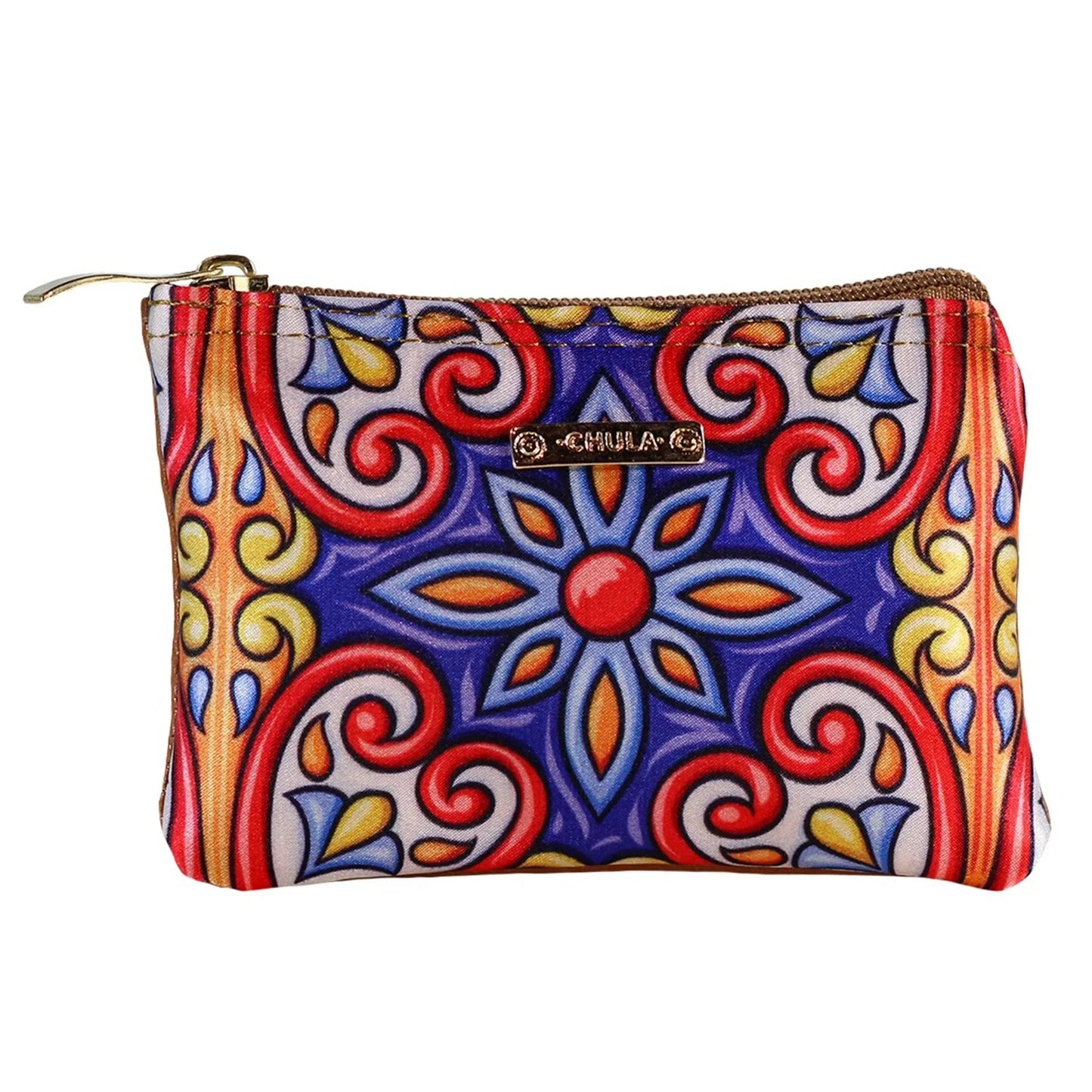 Monedero tarjetero pequeño con estampado de mandalas coloridos y cierre dorado.