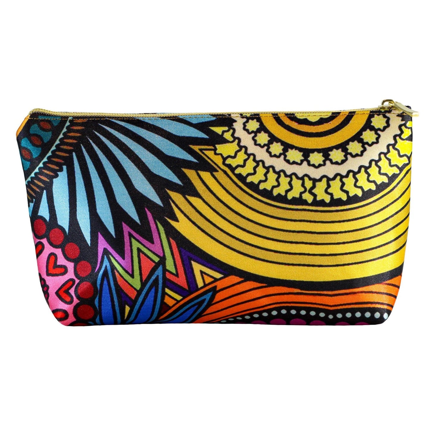 Neceser mediano colorido con estampado de flores y ruedas geométricas, cierre dorado.