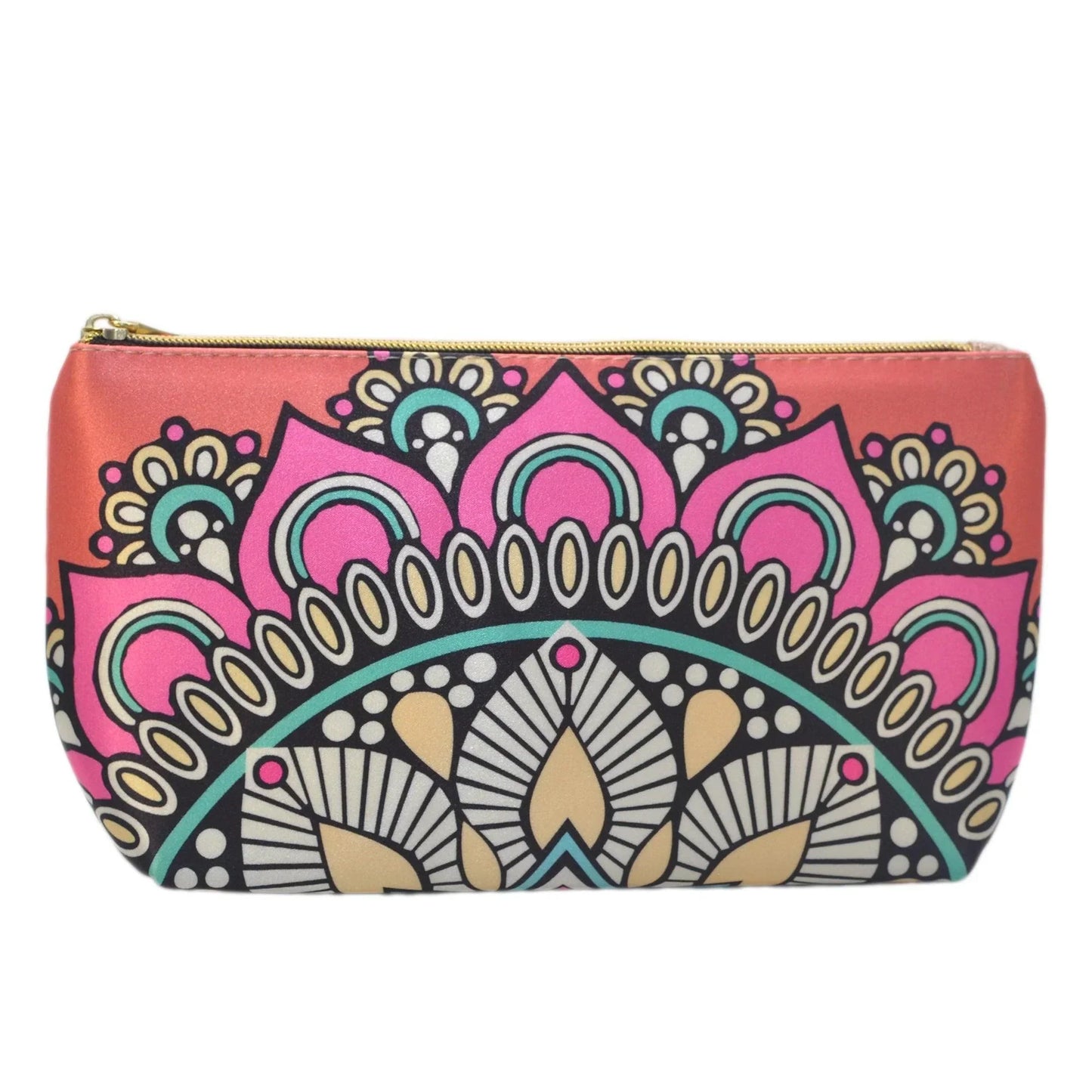 Neceser mediano de maquillaje con estampado mandala colorido, fondo degradado naranja-rosa