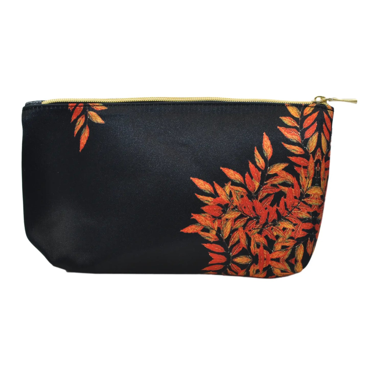 Neceser de maquillaje negro con hojas naranjas y cremallera dorada, diseño femenino elegante.