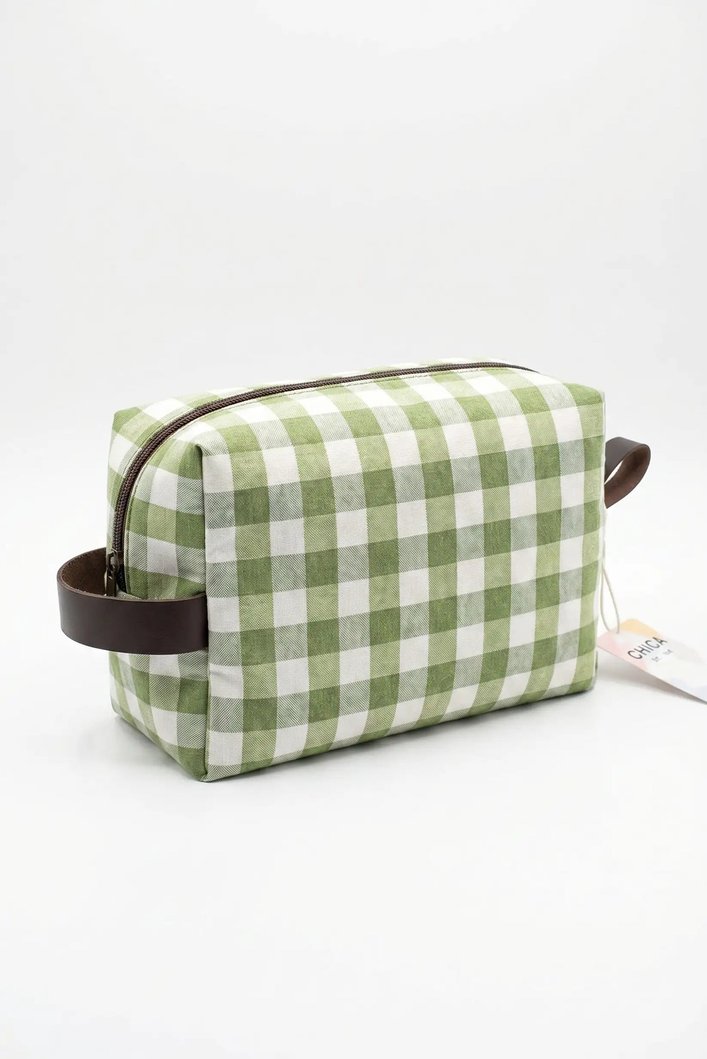 Neceser rectangular estampado cuadros vichy verde y blanco con asas marrones