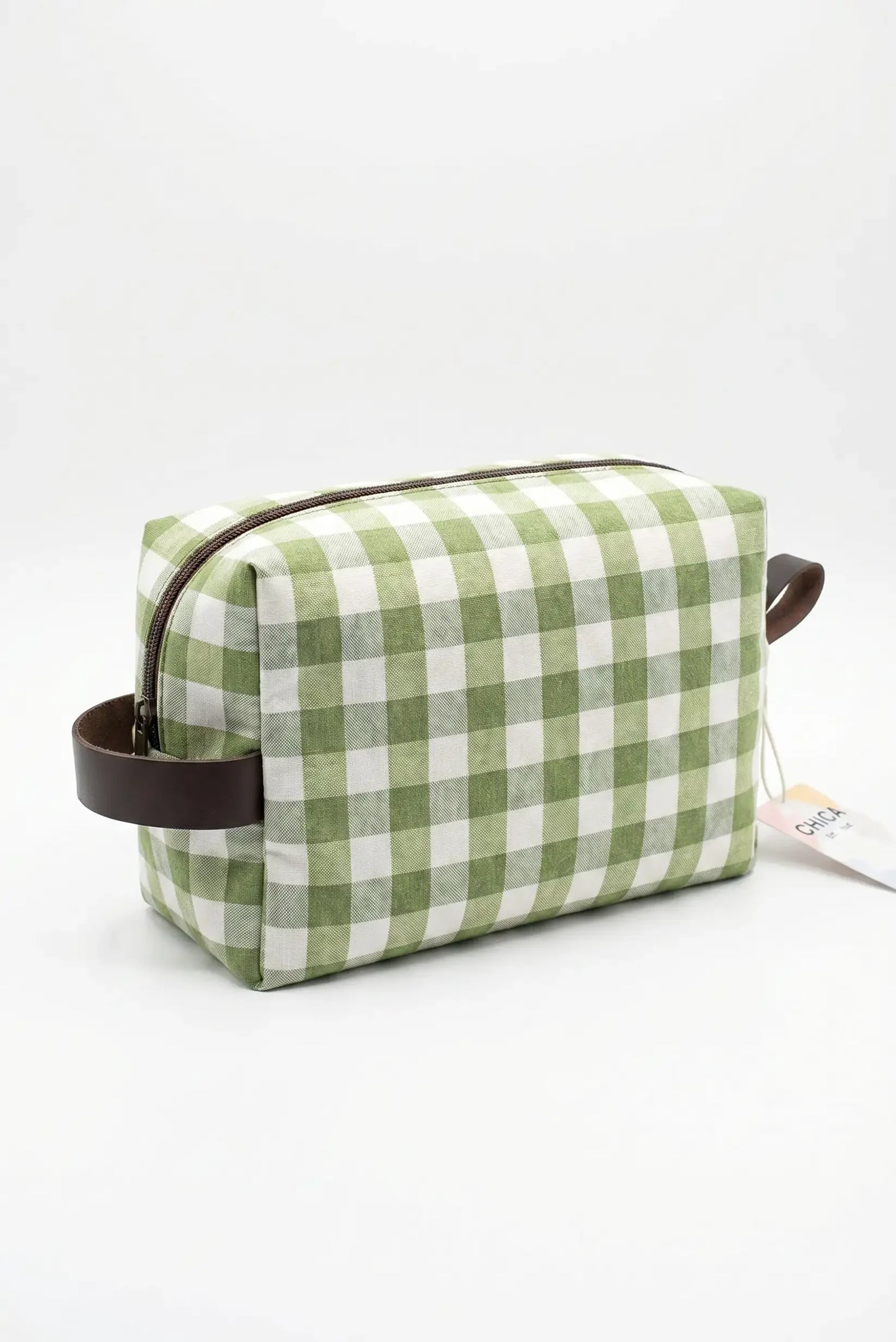 Neceser rectangular estampado cuadros vichy verde y blanco con asas marrones