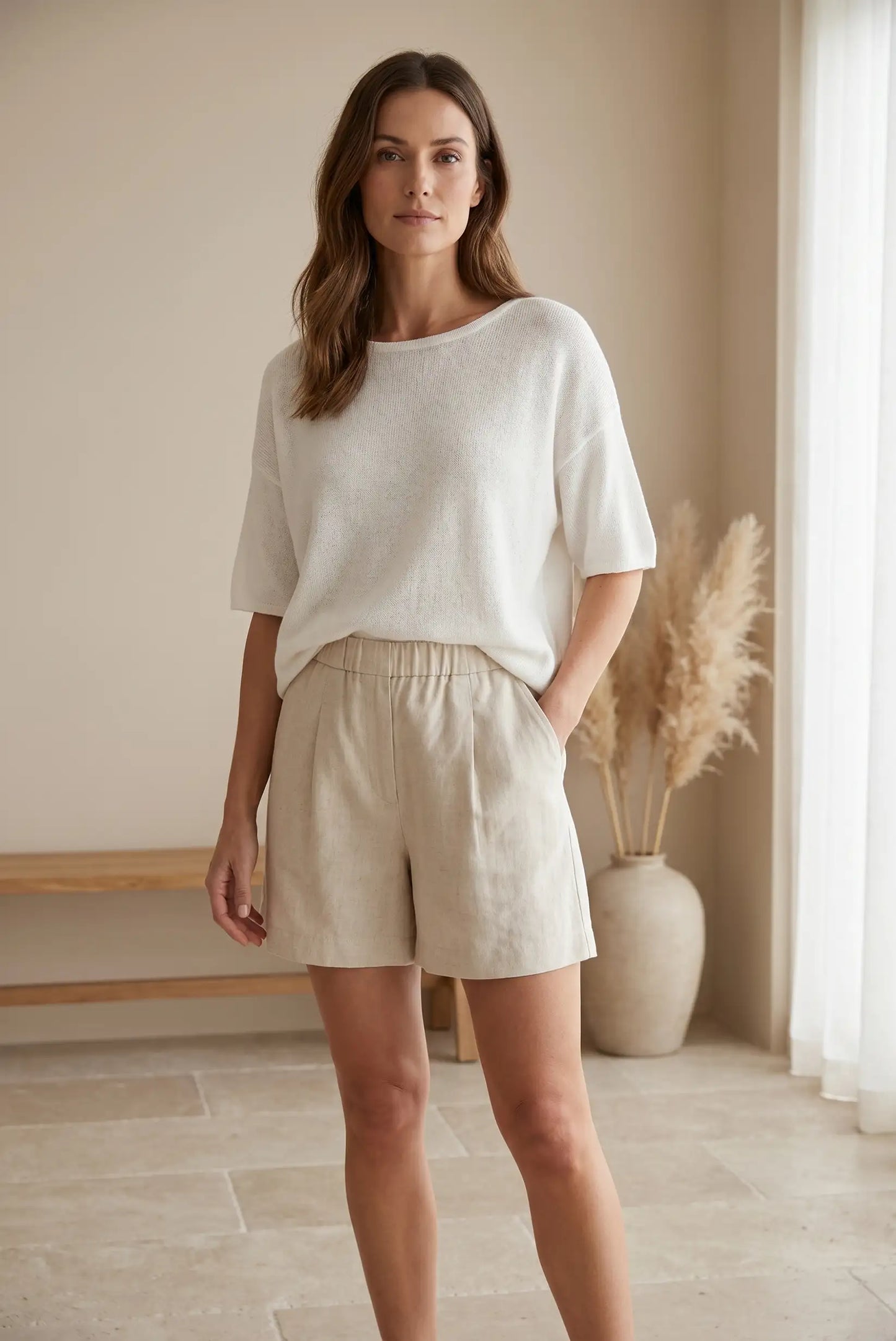 Pantalón Corto Beige de Lino y Algodón para Mujer