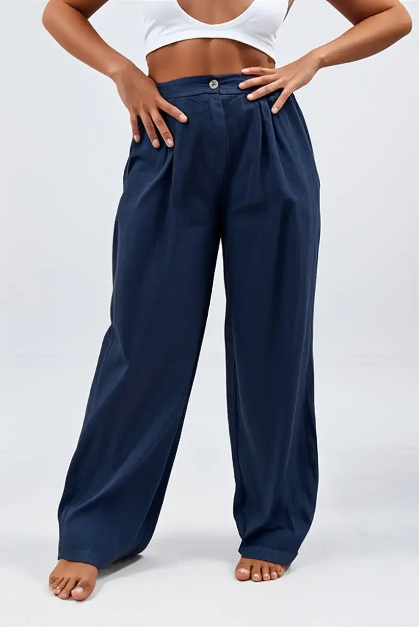 Pantalón largo fluido mujer azul marino 100% lino - CHICA del Sur