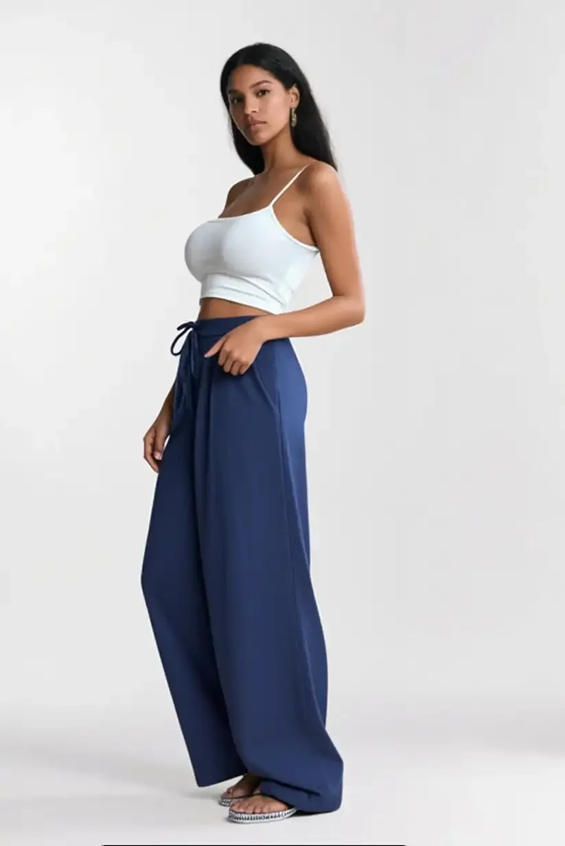 Pantalón Largo Fluido Mujer Azul Marino Verano Moda Elegante - CHICA del Sur