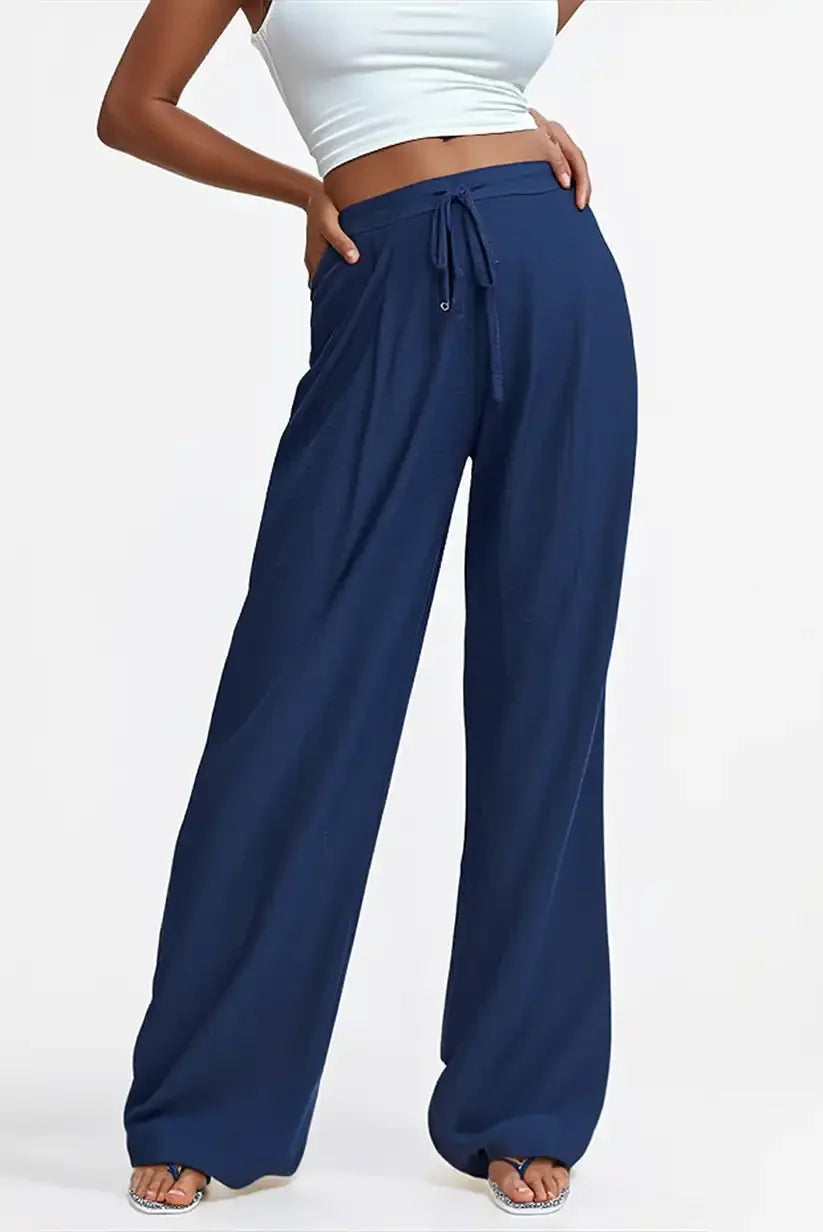 Pantalón Largo Fluido Mujer Azul Marino Verano Moda Elegante - CHICA del Sur