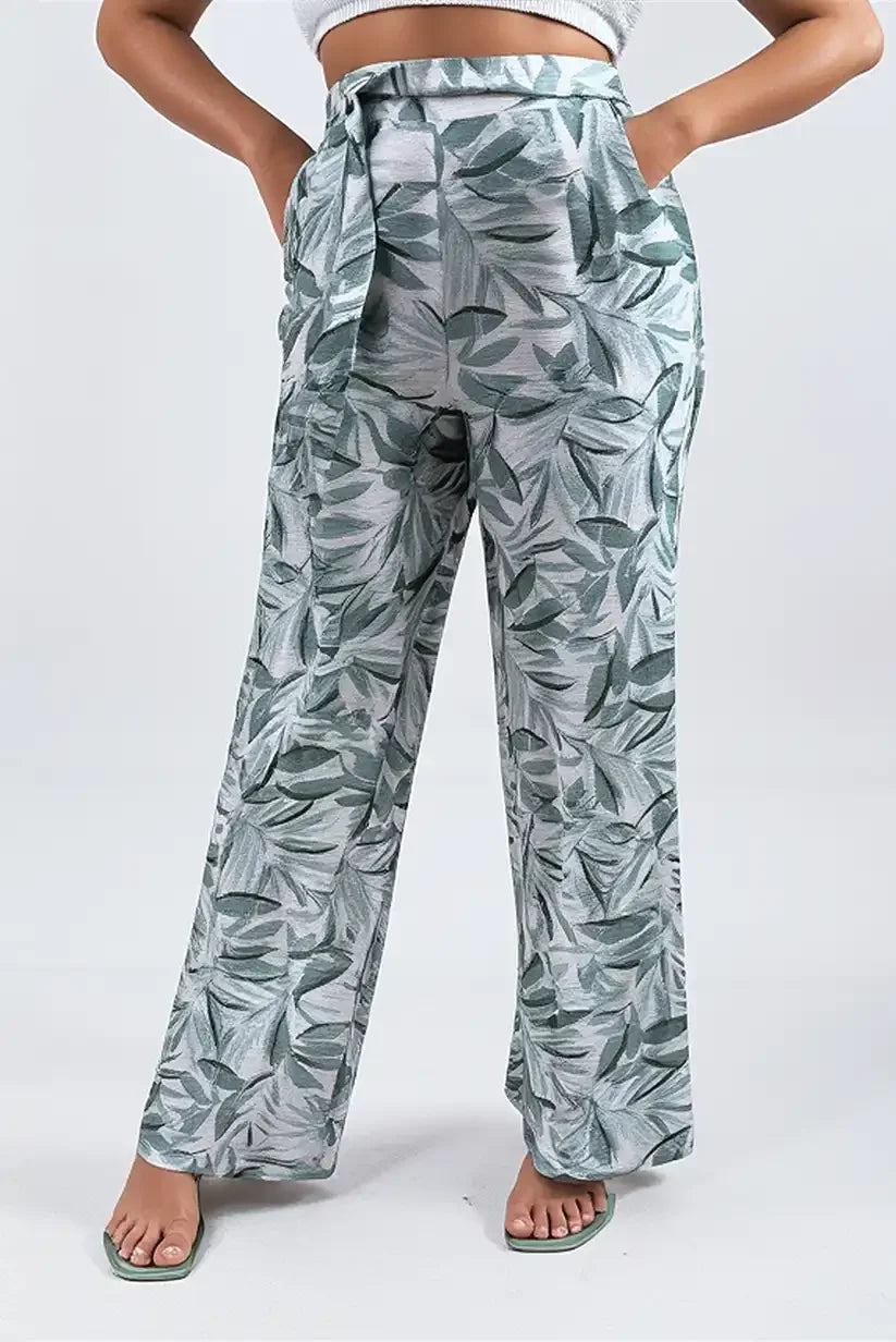 Pantalón largo Fluido blanco con estampados florales verdes - CHICA del Sur