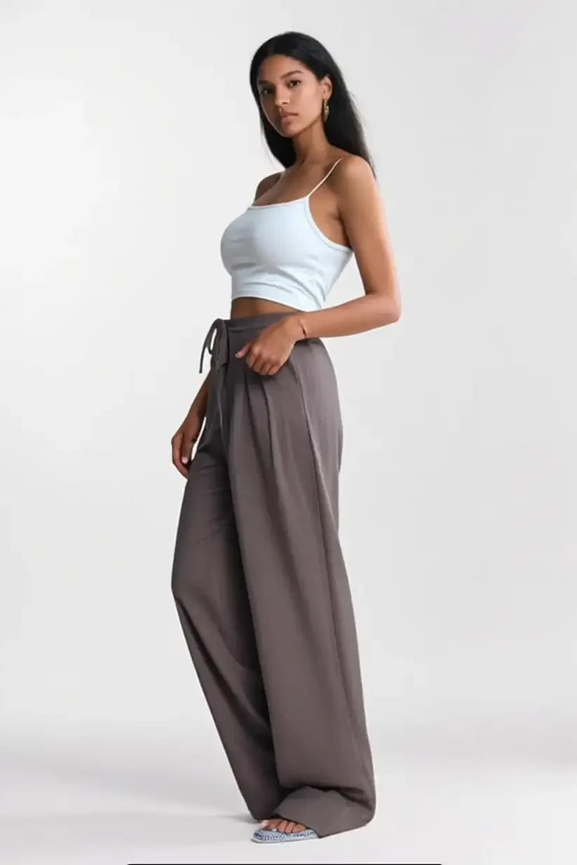 Pantalón Largo Fluido Mujer Verano Marrón Chocolate Elegante Fresco - CHICA del Sur