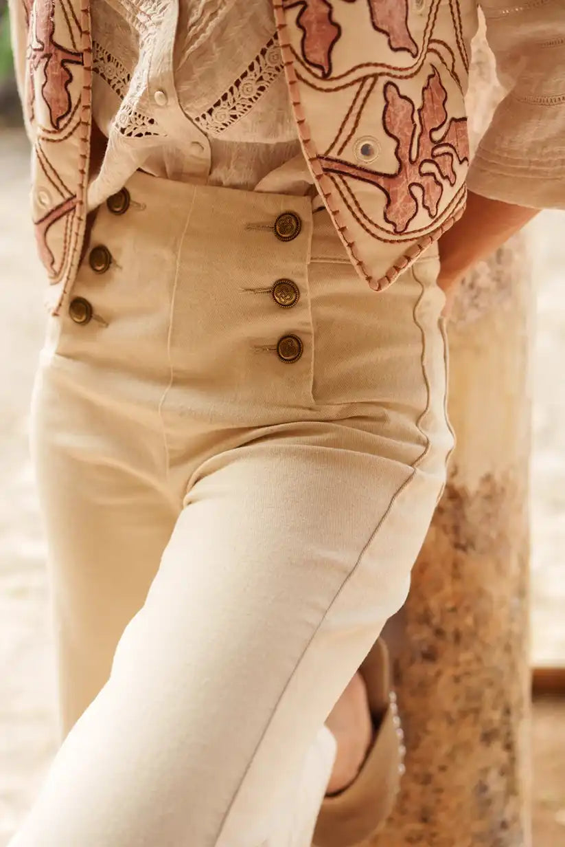 Pantalón Wide Leg Beige Mujer Tiro Alto con Botones Navy Victorine - CHICA del Sur