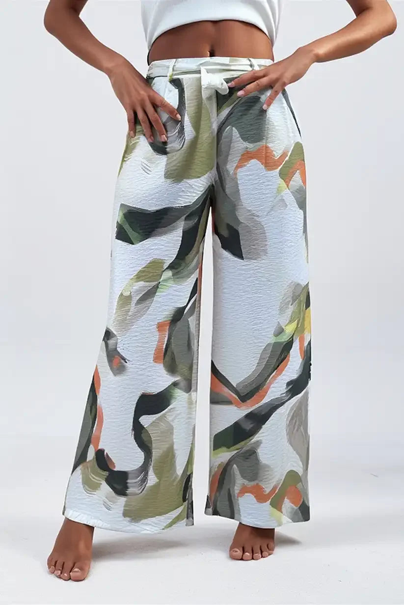 Pantalón mujer largo beige con estampados florales verdes - CHICA del Sur