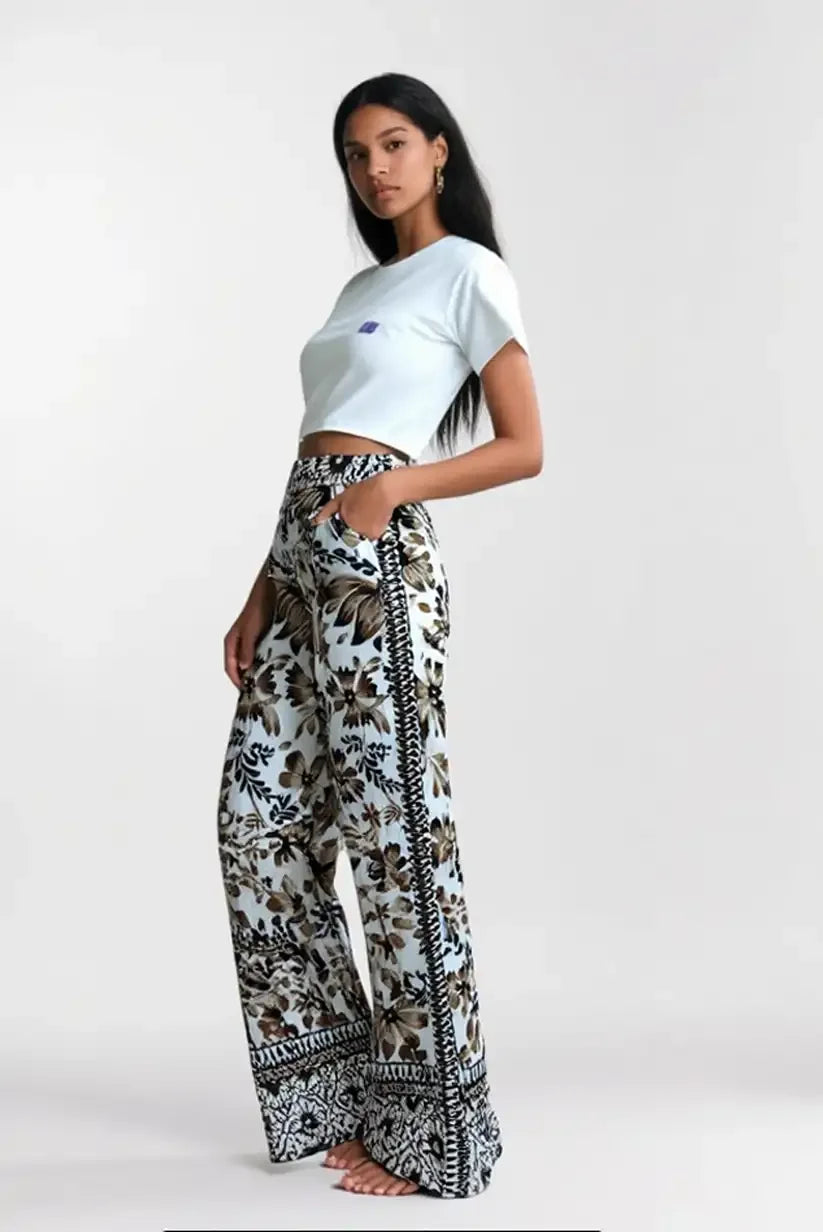 Pantalón largo fluido mujer verano beige estampados florales chocolate - CHICA del Sur