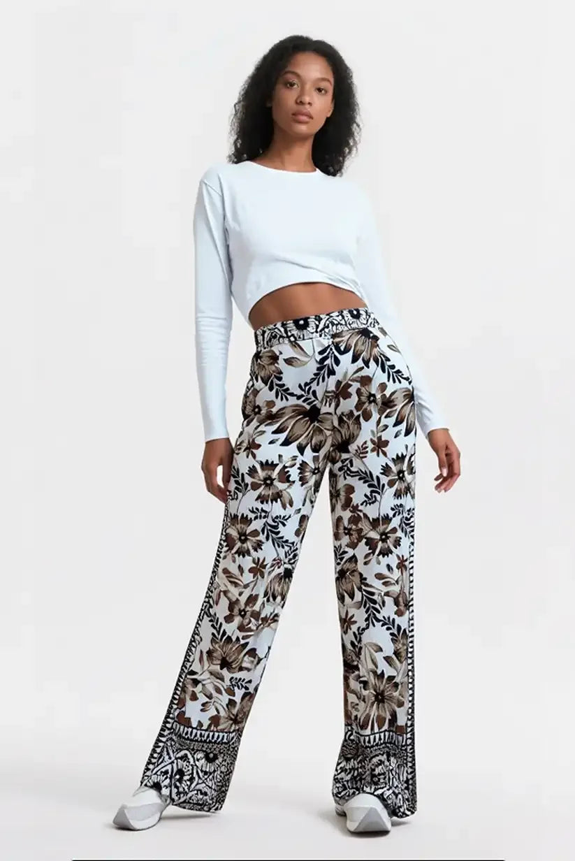 Pantalón largo fluido mujer verano beige estampados florales chocolate - CHICA del Sur