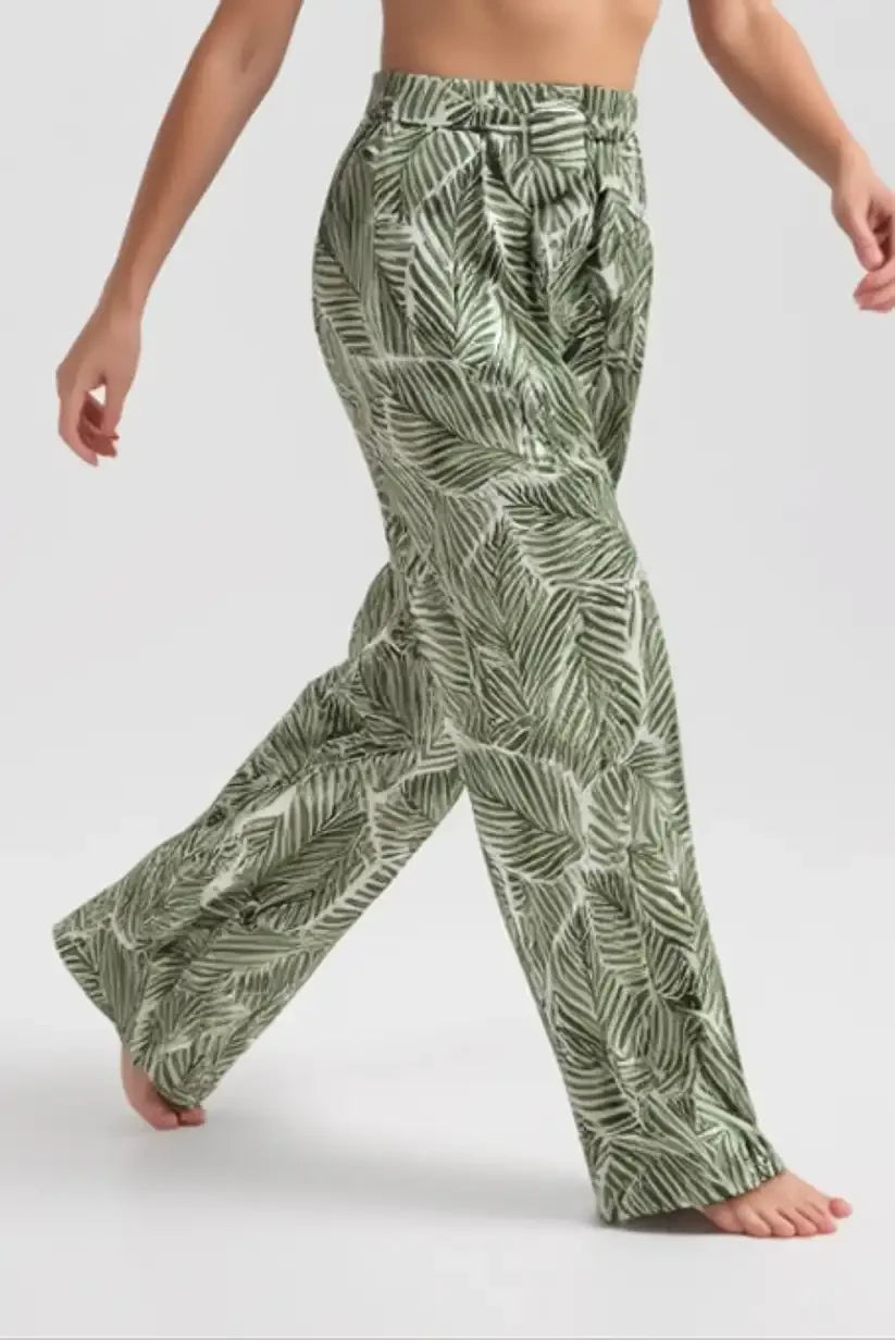 Pantalón Mujer Fluido Verano Estampado Hojas Verde Oliva Blanco - CHICA del Sur